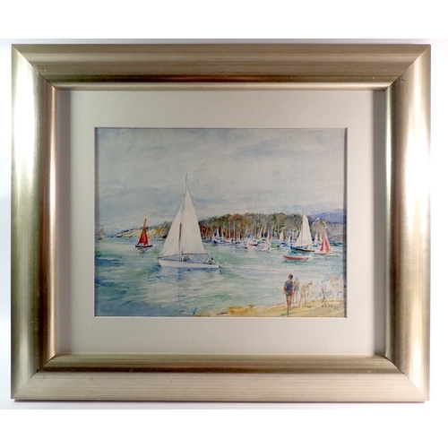 1413 - Mary Massie - watercolour sailing boats and beach scene, signed and dated 1962, 26 x 36cm