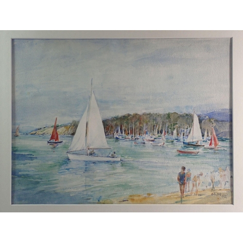 1413 - Mary Massie - watercolour sailing boats and beach scene, signed and dated 1962, 26 x 36cm