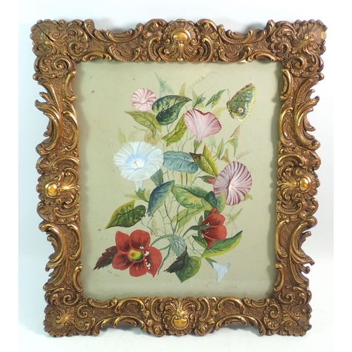 1415 - An Edwardian watercolour of flowers and butterfly monogrammed J D 1910, 29 x 24cm