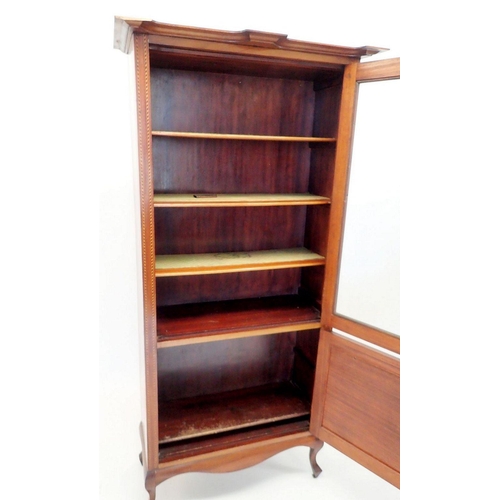 1418 - An Edwardian mahogany display cabinet with single glazed door over panelled door, all with ebony and... 