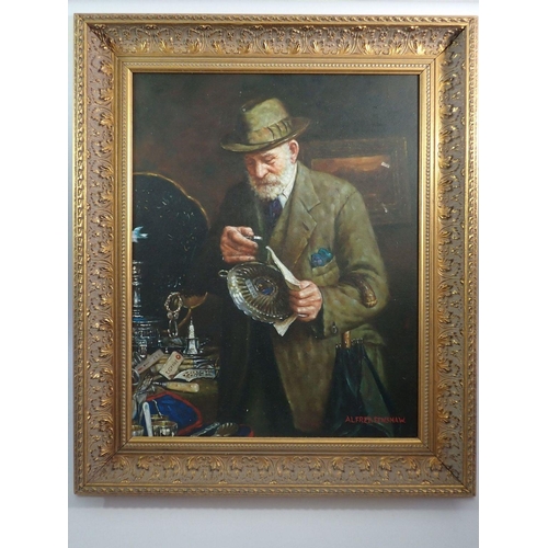 1421 - Alfred Fenshaw - oil on panel elderly gentleman in antiques shop looking at silver dish, 49 x 39cm