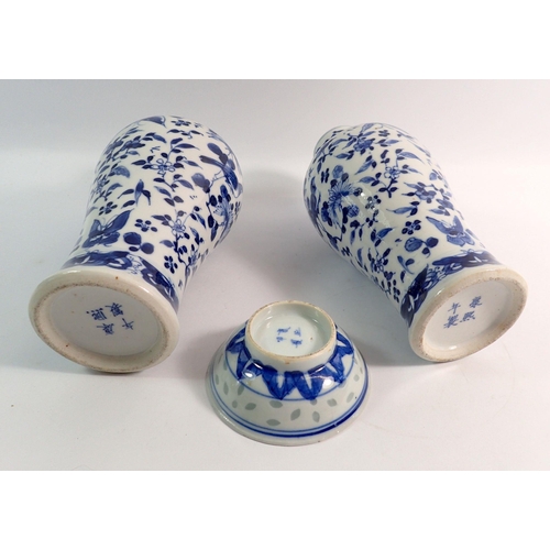 157 - A pair of Chinese blue and white baluster vases decorated birds, butterflies and flowers, four chara... 