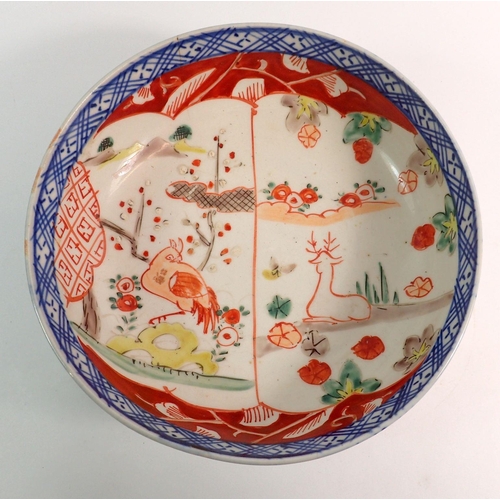 160 - A Chinese bowl painted stag and bird, 18cm diameter