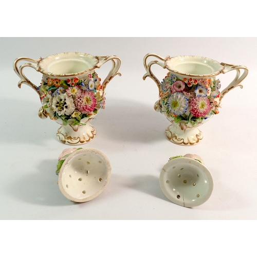 185 - A pair of 19th century Rockingham Style floral encrusted pot pourri vases and covers, 15cm tall