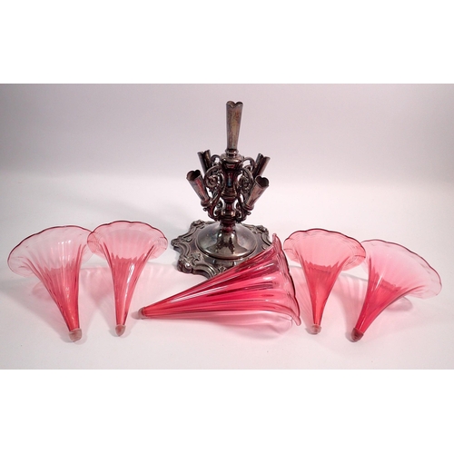 214 - A Walker & Hall silver plated epergne with five cranberry glass flutes (flutes in good condition) 34... 