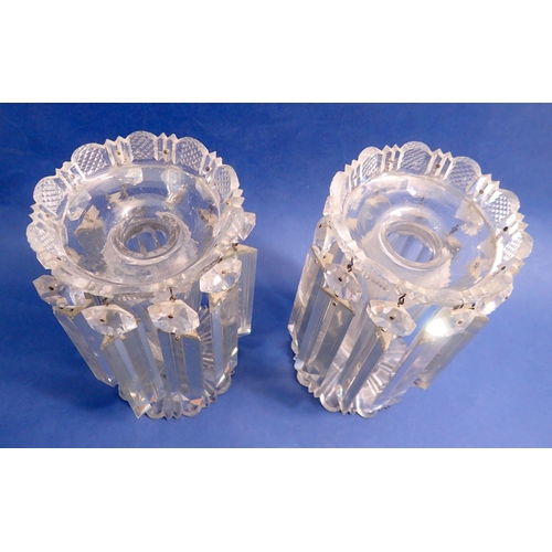 229 - A pair of Victorian clear cut glass table lustres each with flared bowl and suspended glass faceted ... 