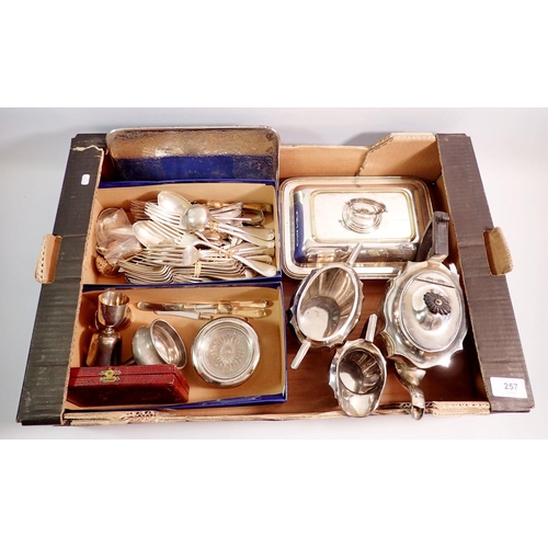 257 - A box of silver plated items including antique pewter funnel, spirit measure etc.