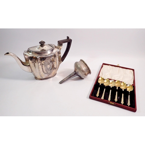 257 - A box of silver plated items including antique pewter funnel, spirit measure etc.