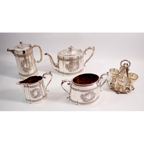 259 - A four piece silver plated tea service and a Mappin and Webb egg cup stand