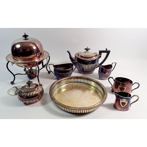 263 - A group of silver plated items including muffin dish, teaset, tray etc.