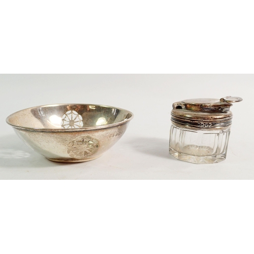 277 - A silver mounted glass travel inkwell, London 1838 and a small silver pierced circular dish, Birming... 