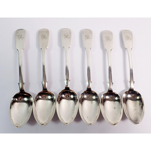 292 - Six Victorian silver fiddle pattern teaspoons, Exeter 1855, Josiah Williams & Co. 120g