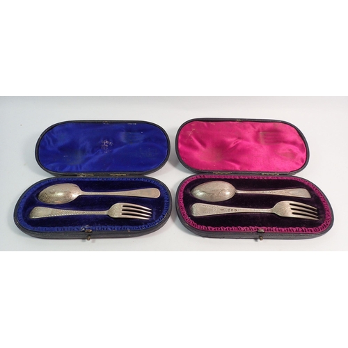 298 - Two pairs of silver christening spoons and forks, London 1892, Josiah Williams & Co and 1894 with en... 