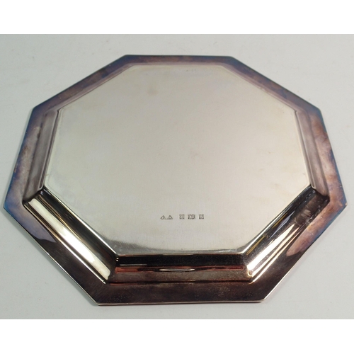 309 - A silver octagonal salver with engraved inscription, 24cm, Birmingham 1952 by Frank Hawker Ltd. 595g