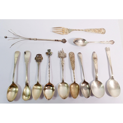 310 - Various silver cutlery, a silver swizzle stick and three white metal items, 134g in total