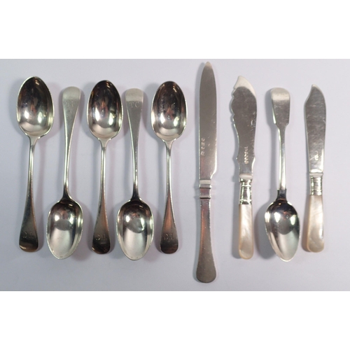 313 - A set of five Georgian silver teaspoons and one other plus Elkingtons butter knife, Birmingham 1915 ... 