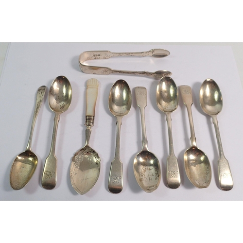 314 - A set of six silver fiddle pattern teaspoons by Josiah Williams & Co plus a pair of silver sugar ton... 