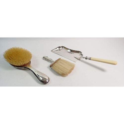 317 - A silver crumb brush, hair brush and silver plated crumb tray