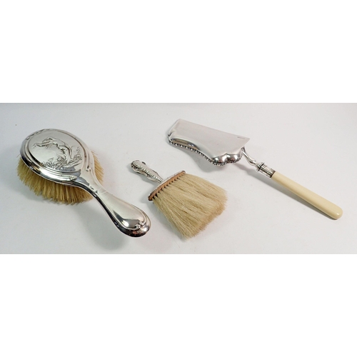 317 - A silver crumb brush, hair brush and silver plated crumb tray