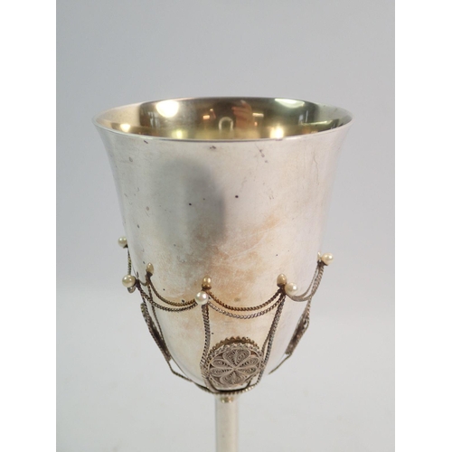 318 - A silver goblet decorated filigree and pearl, London 1985 by BAH, 17cm, 159g