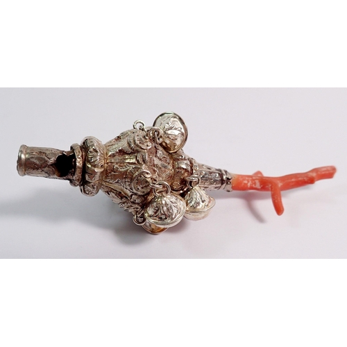 323 - A Victorian Childs rattle/whistle with coral handle, 11cm