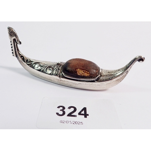 324 - A novelty silver gondola pin cushion, Birmingham 1907 by Adie & Lovekin