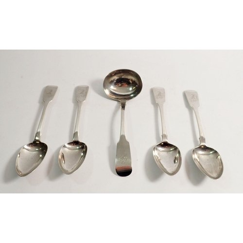 330 - An Irish silver ladle, Dublin 1818, William Cummins and four dessert spoons, Dublin 1839, Christophe... 