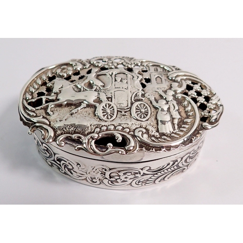 335 - A silver hinged trinket box, the top embossed horse and cart scene, by William Comyns & Sons, London... 