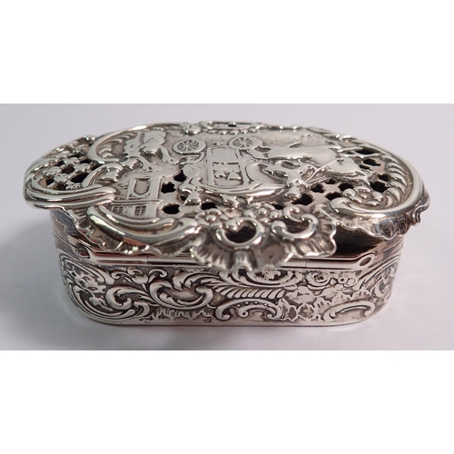 335 - A silver hinged trinket box, the top embossed horse and cart scene, by William Comyns & Sons, London... 