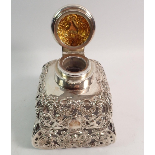 340 - A large silver clad glass scent bottle or ink well with cherub and floral decoration, 13cm tall, Lon... 