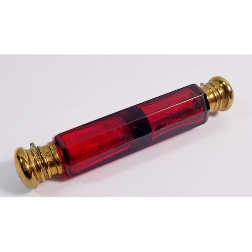 343 - A Victorian red glass double ended scent bottle, 10.5cm long