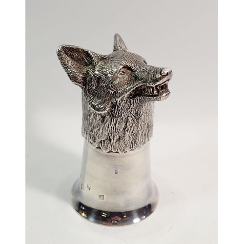 351 - A silver fox head stirrup cup with engraved decoration, Sheffield 1971, Royal Irish Silver Co. 11.5c... 