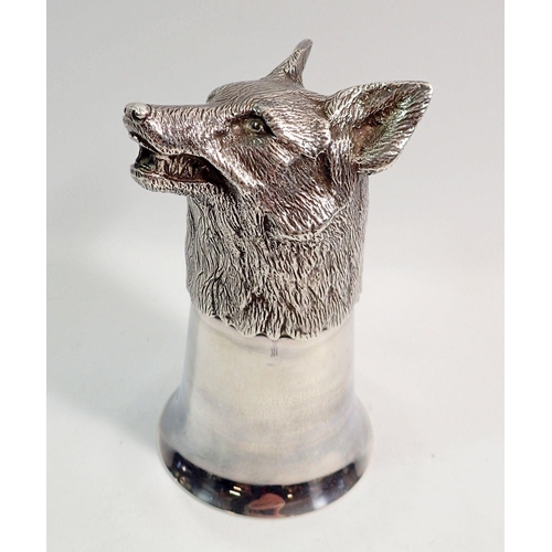 351 - A silver fox head stirrup cup with engraved decoration, Sheffield 1971, Royal Irish Silver Co. 11.5c... 