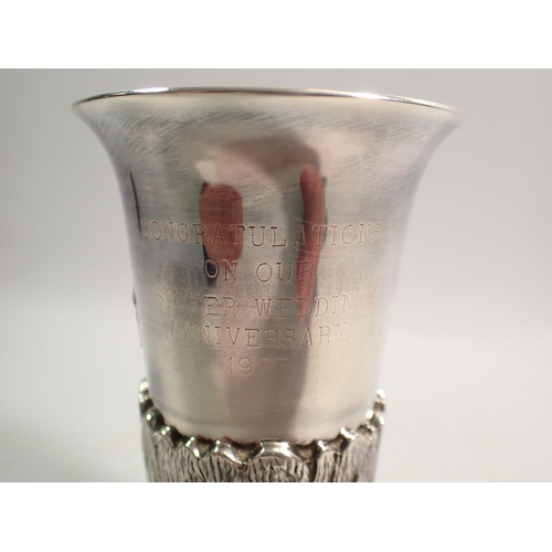 351 - A silver fox head stirrup cup with engraved decoration, Sheffield 1971, Royal Irish Silver Co. 11.5c... 