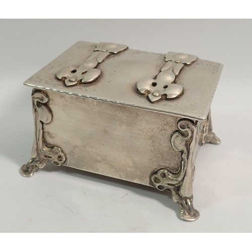 352 - An Arts & Crafts silver trinket box in the form of a casket with strap hinges and hoof feet, 11 x 8c... 