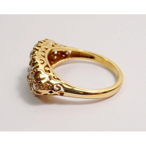 366 - An 18 carat gold ring set double row of twelve graduated diamonds, largest stones 4mm, size N, 5.3g