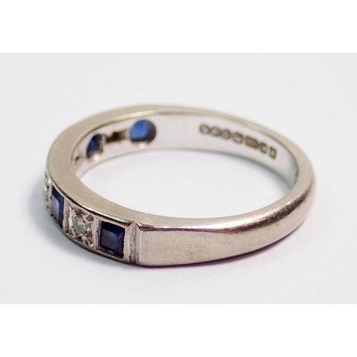 367 - An 18 carat white gold diamond and sapphire half eternity ring, size L, 4g