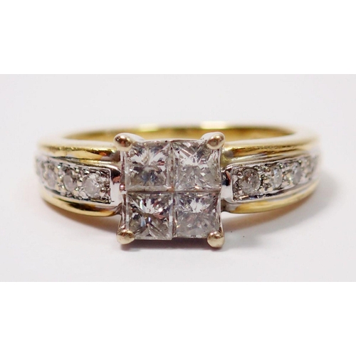 372 - An 18 carat gold invisible set princess cut diamond ring with round brilliant cut diamond set should... 