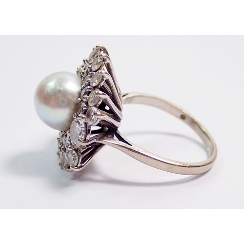 376 - An 18 carat white gold pearl and diamond large cocktail cluster ring, size N, 7.6g