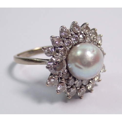 376 - An 18 carat white gold pearl and diamond large cocktail cluster ring, size N, 7.6g