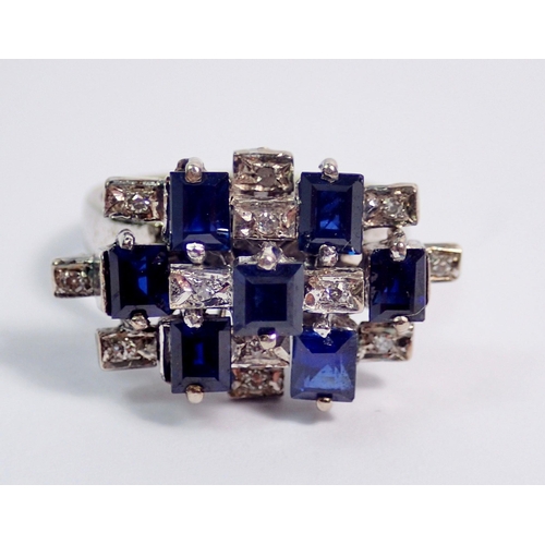 378 - A modernist white metal ring set geometric stepped arrangement of sapphires and diamonds, size L to ... 