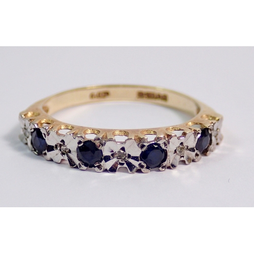 392 - A 9 carat gold sapphire and chip diamond ring, size M, 1.6g