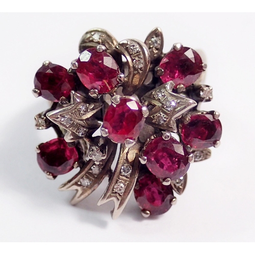 400 - A white gold vintage large cocktail ring set arrangement of rubies and diamonds, size M to N, 12.5g,... 