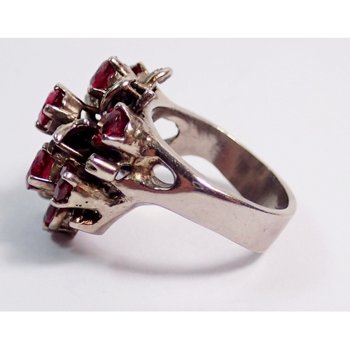 400 - A white gold vintage large cocktail ring set arrangement of rubies and diamonds, size M to N, 12.5g,... 