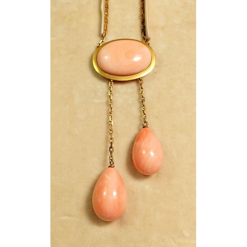 411 - A fine Italian gold negligee necklace set oval coral plaque with two coral asymmetrical pear cut dro... 