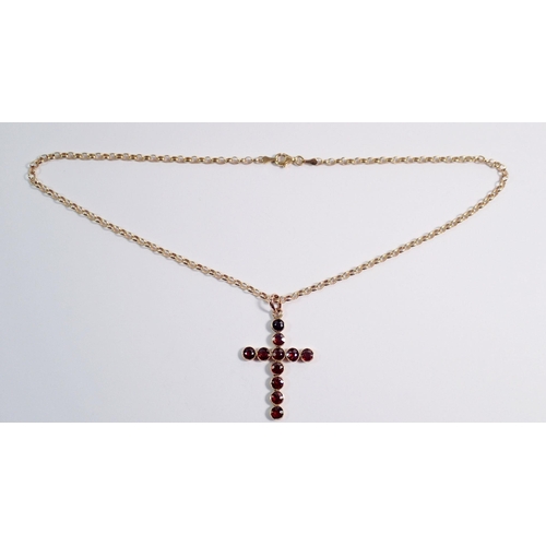 416 - An antique yellow metal and garnet set crucifix on 9 carat gold chain, chain 5.8g - total weight 8.8... 