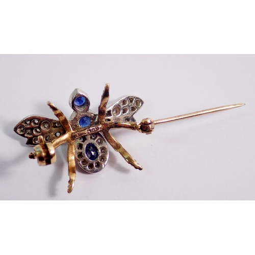 433 - A 9 carat gold bee form brooch set sapphires and diamonds, 1.5cm across, 3.7g