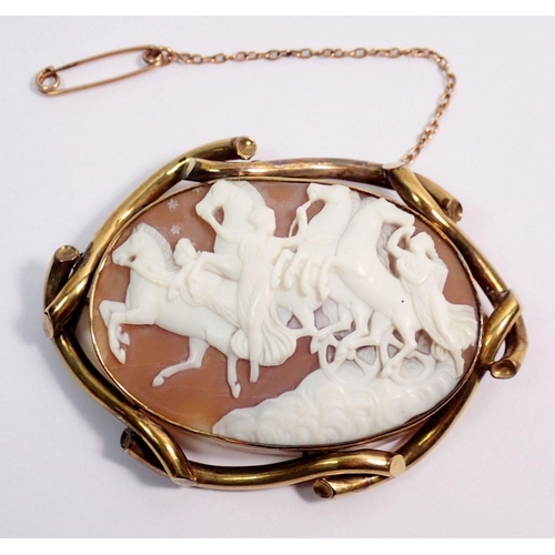 438 - A Victorian cameo brooch carved classical woman and horse, in yellow metal surround, cameo 4 x 5.5cm