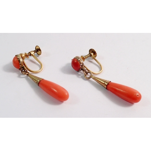 459 - A pair of antique gold and coral pendant earrings with screw fittings, 3.5cm total length, 2.6g (unm... 