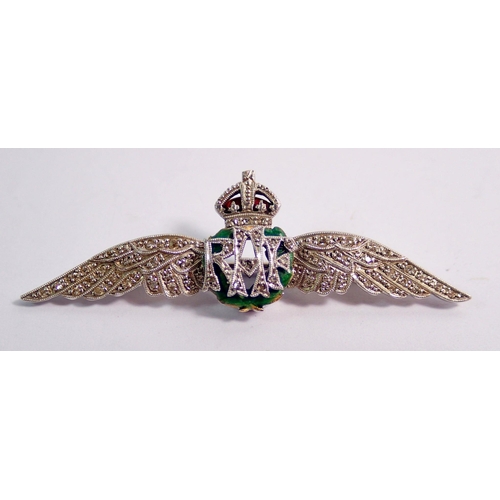 460 - A RAF platinum and 9 carat white gold sweetheart brooch set chip diamonds and with green enamel wrea... 